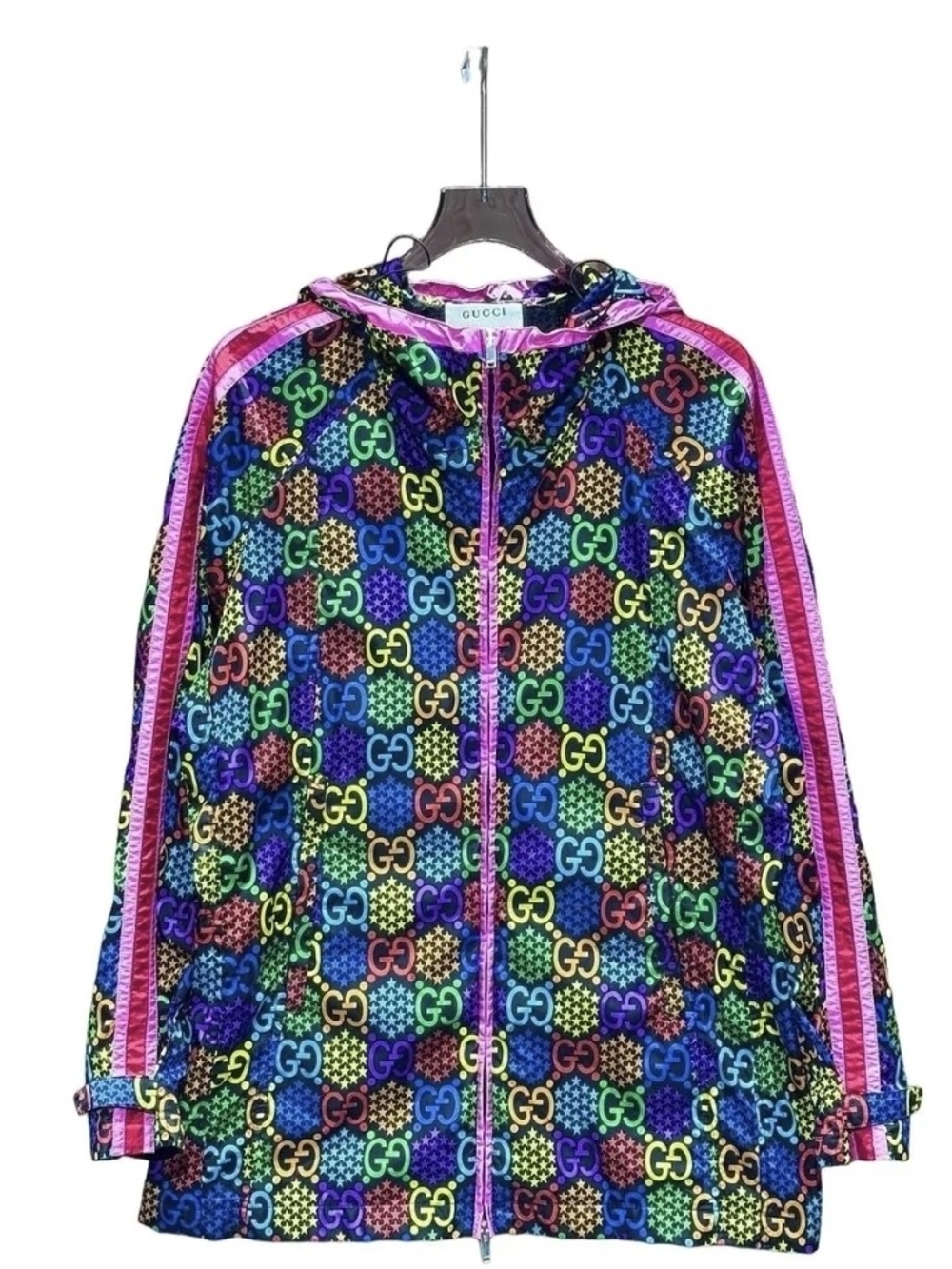 Gucci Multicolor GG Logo Hooded Windbreaker with Pink Trim